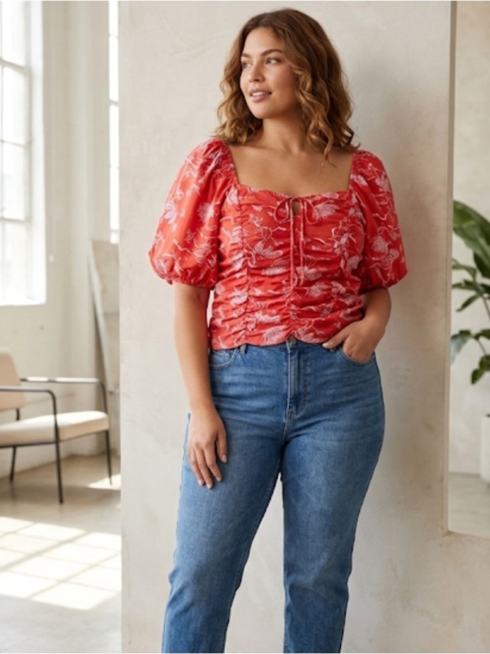 ❤️5/$25 Floral Red Puff Sleeve Top